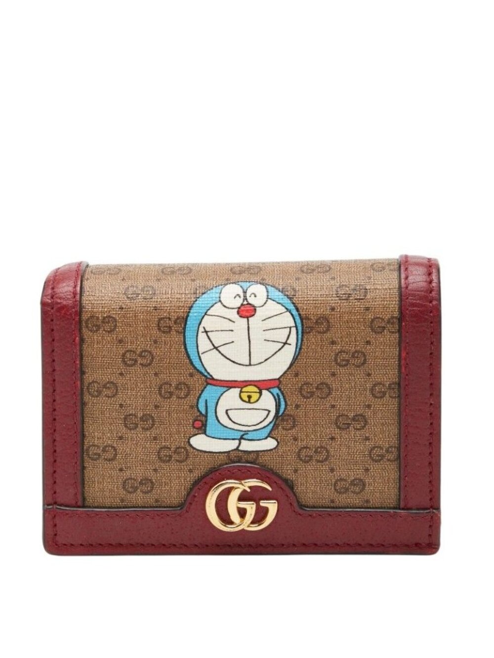 Gucci Mini GG Supreme Doraemon Bifold Wallet Beige Wine Red Leather